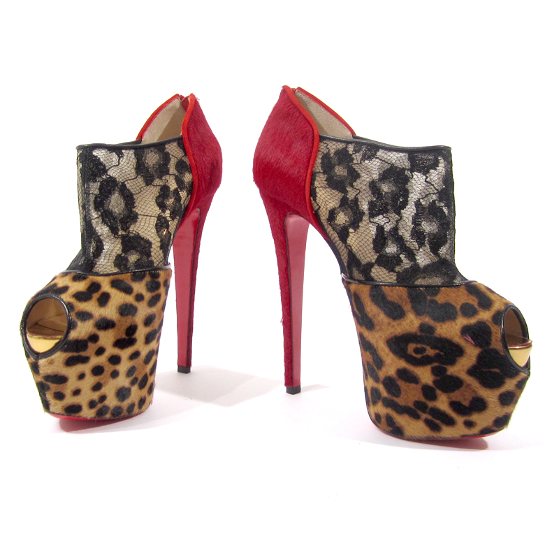 Red and Cheetah Pony Hair Lace Platform Heel - Size 38.5 -